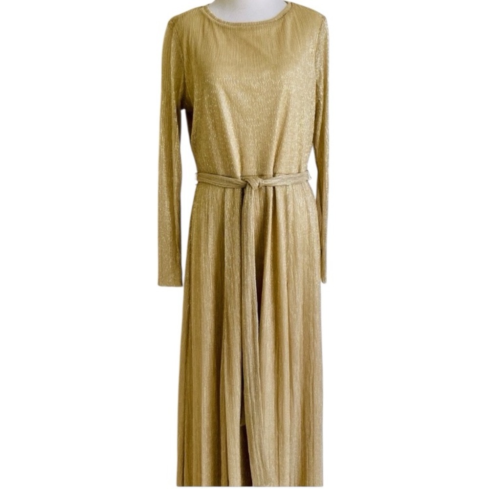 Anne Klein Gold Dress 12 Metallic Party Cocktail Wedding Midi Belted Sleeve